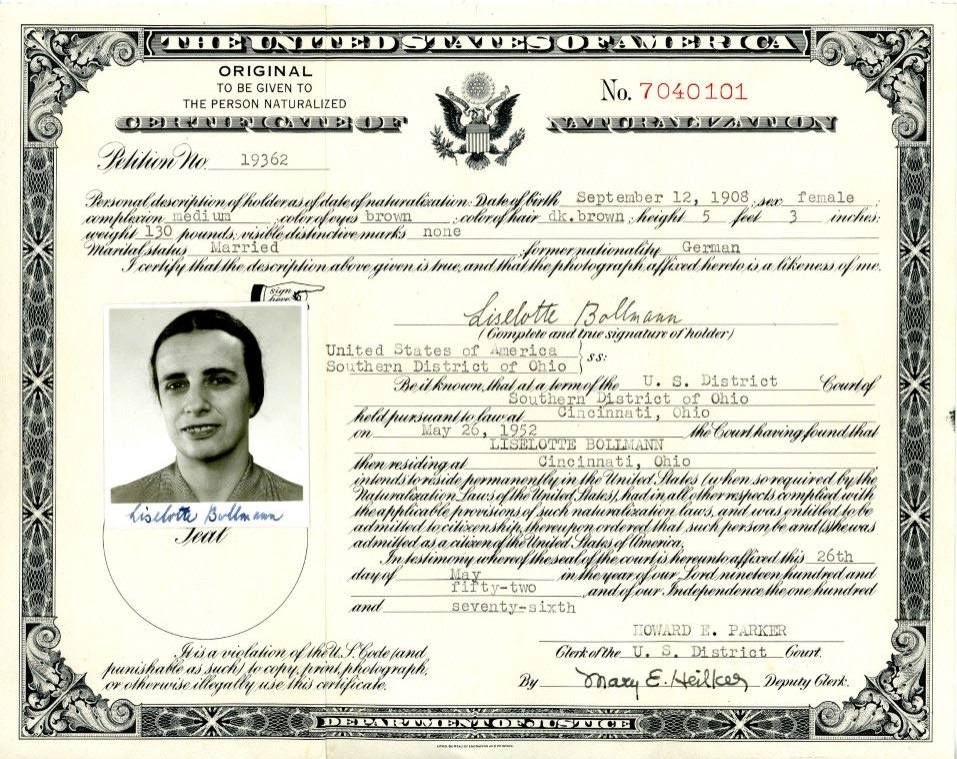 Liselotte Bollmann naturalization certificate