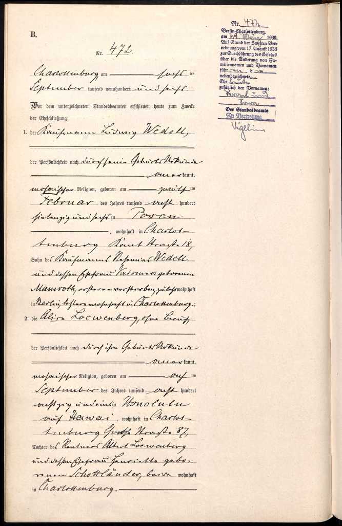 Marriage certificate of Ludwig Wedell and Alice Loewenberg.