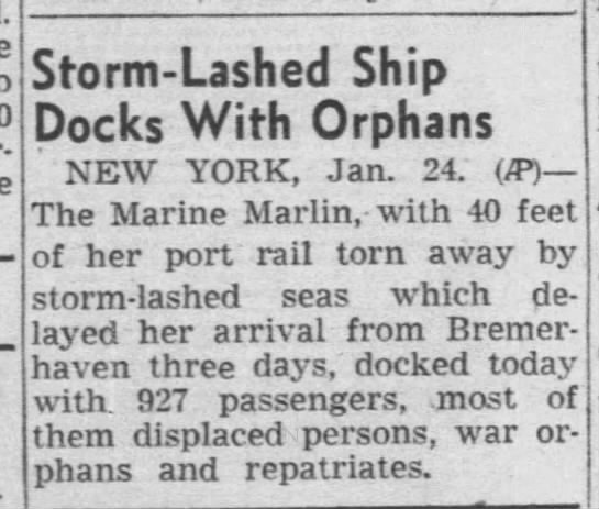 Storm-Lashed  Ship Docks with Orphans, Los Angeles Times, 25 Jan 1047