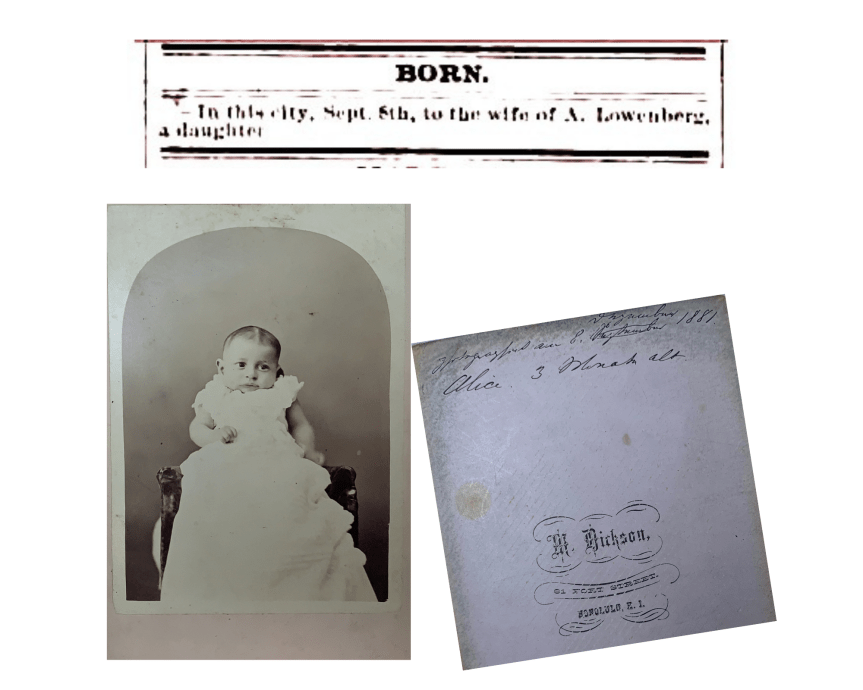 Images related to birth of Alice Loewenberg. 