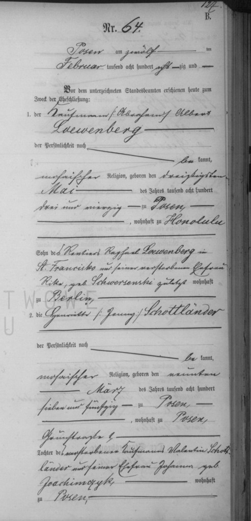 Abraham Loewenberg and Henriette Schottlander marriage certificate. 