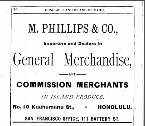 Advertisement for M. Phillips & Co., 1884 Directory of Hawaii.