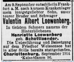 Death notice for Valentin Albert Loewenberg